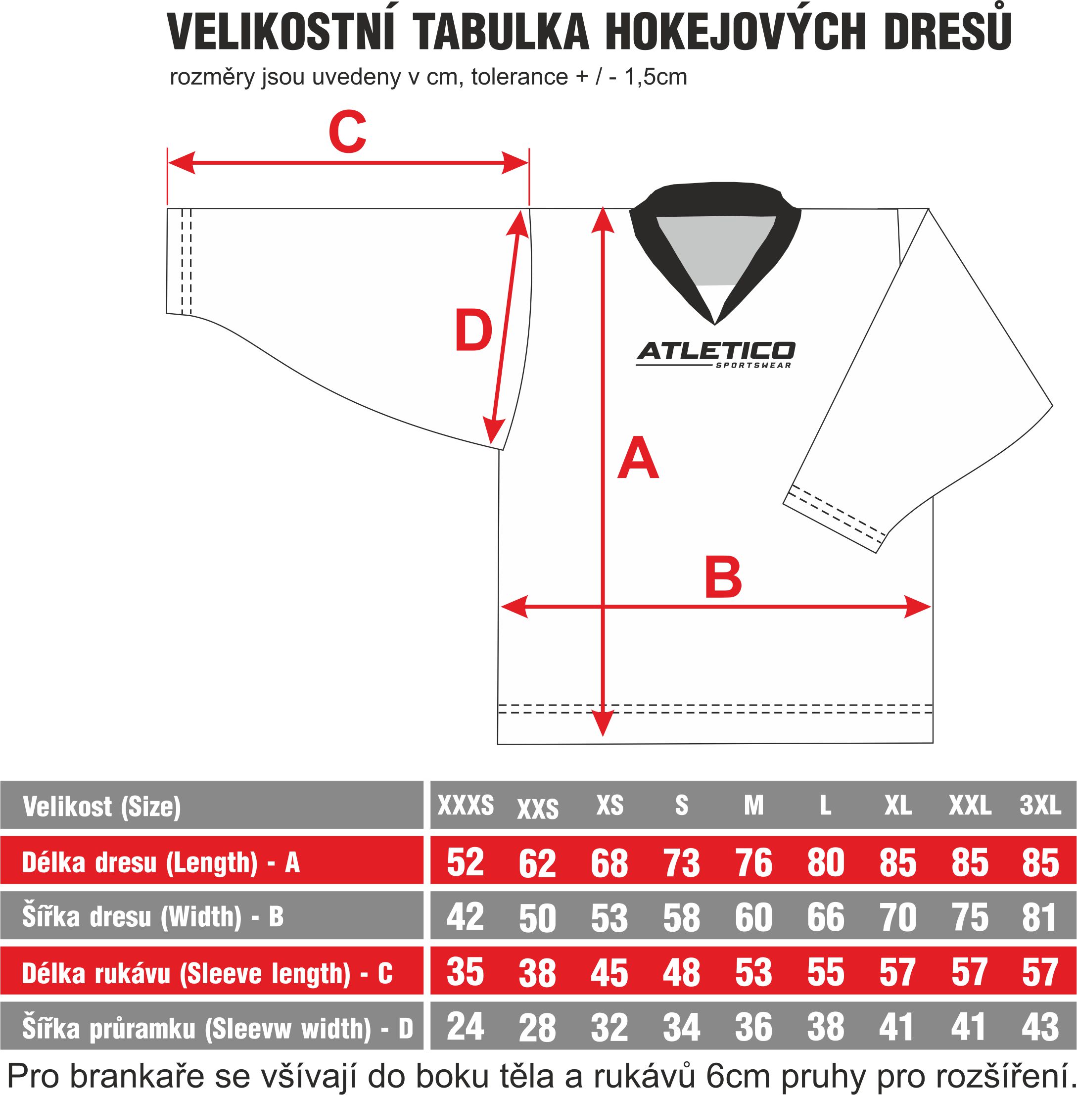 velikostní tabulka DRESY HOKEJ